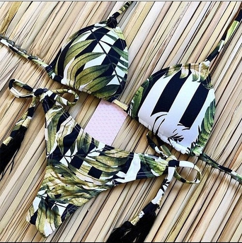 Sexy Floral Print Bikinis Striped Patchwork Swimsuit Women Bandage Bikini Set