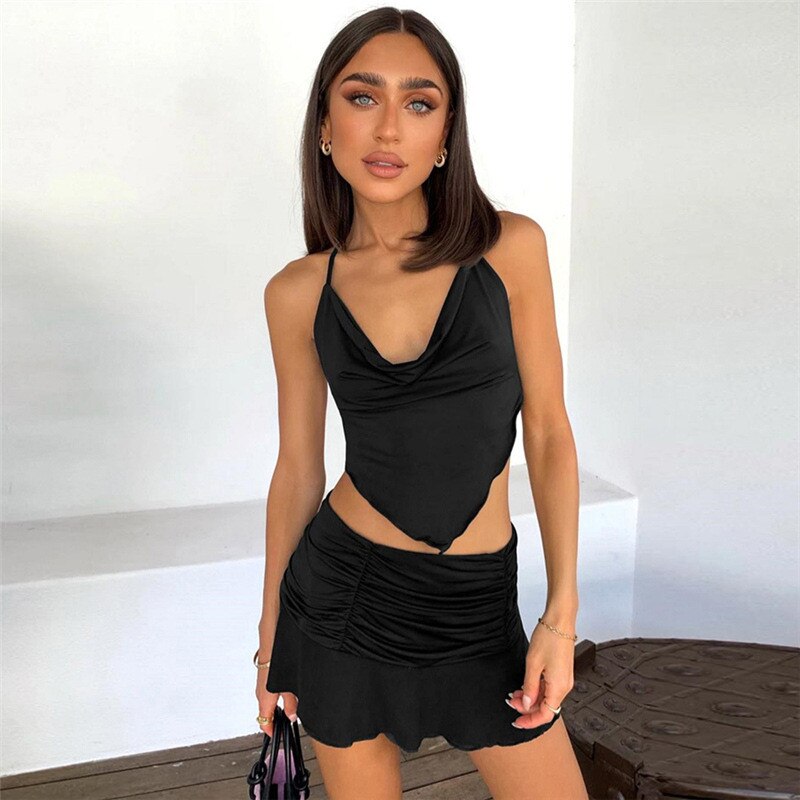Summer Solid Sexy Two Pieces Sets Women Suits Fashion Halter Lace Up Crop Top And High Waist Skirt Matching Set Women