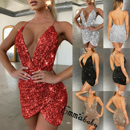 Women's Spaghetti Strap Deep V Neck Sequins Glitter Short Dress