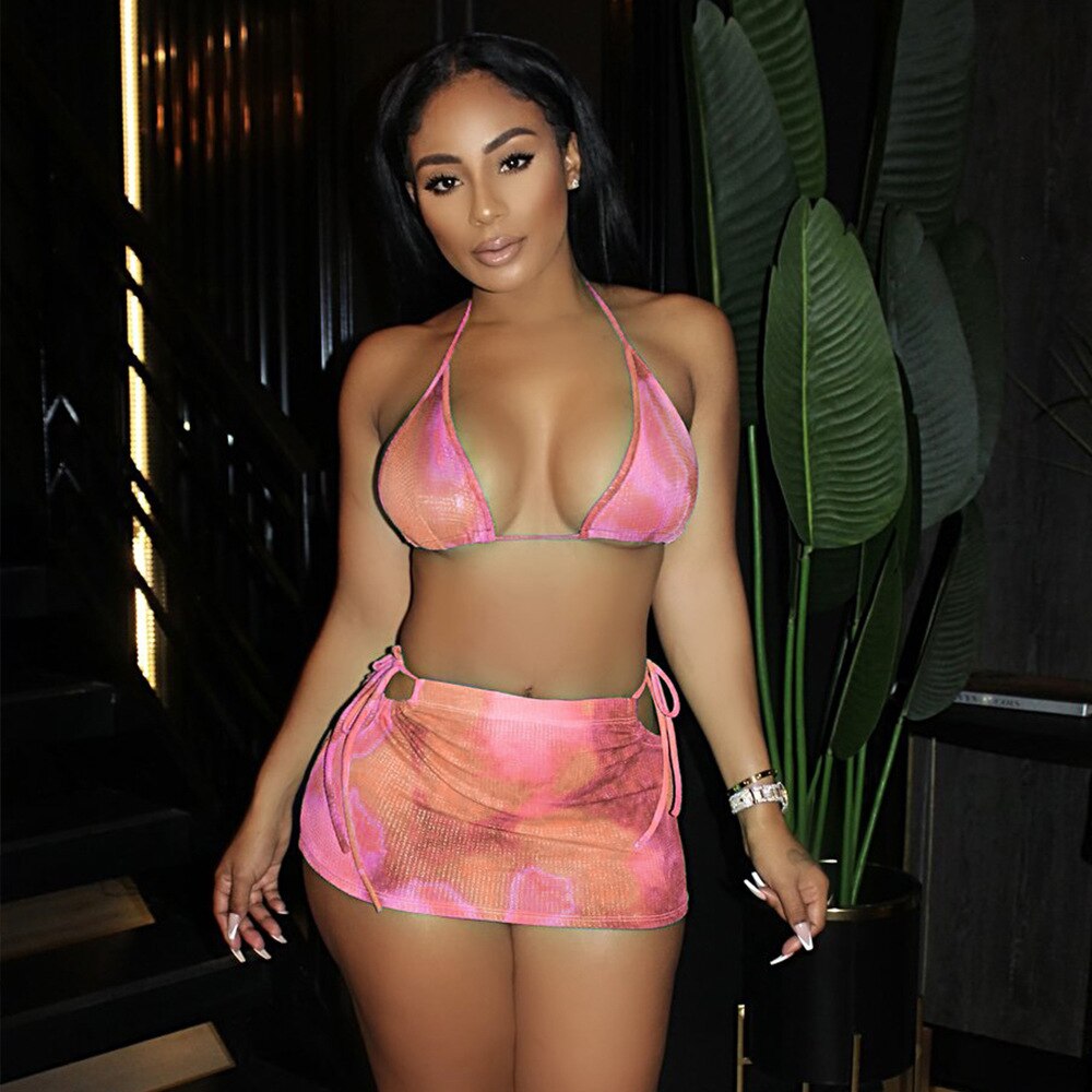 Women 2021 Summer Two Piece Sets Halter Bikini And Mini Skirt Sets Sexy Vacation Outfits Beachwear Casual Matching Sets