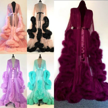 Fashion Gown Mesh Fur Sleep Wear  Night Dress Nightgrown Robes Sexy Women Lingerie Sleepwear Lace Robe Home Clothes Nightwear