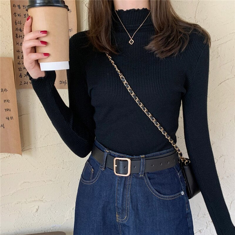 Turtleneck Ruched Women Sweater High Elastic Knitted Pullovers