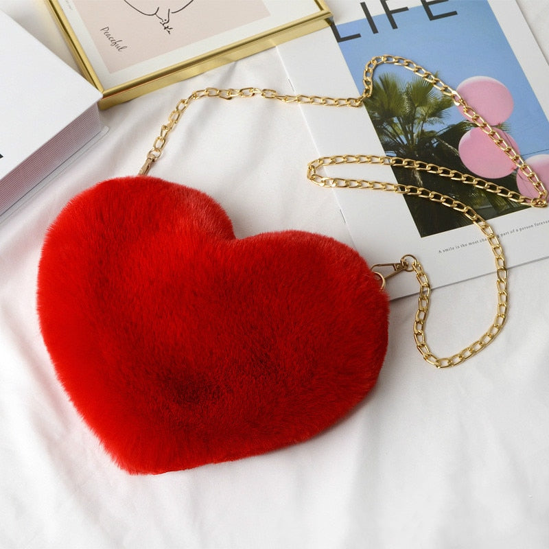 Faux plush heart-shaped shoulder bag