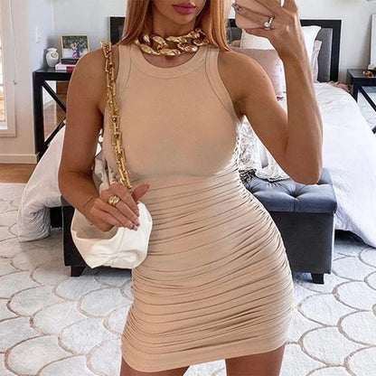 Women Solid Sleevess Dress Summer Casual Fashion Ruched One Piece Dress Stylish Stretchy Dress Sexy Bodycon Party Clothes