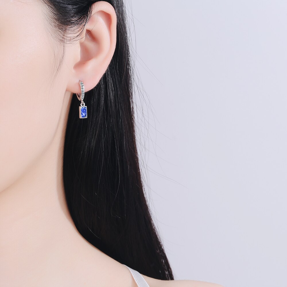 925 Sterling Silver Simple Blue Crystal Zircon Mid-length Tassel Earrings