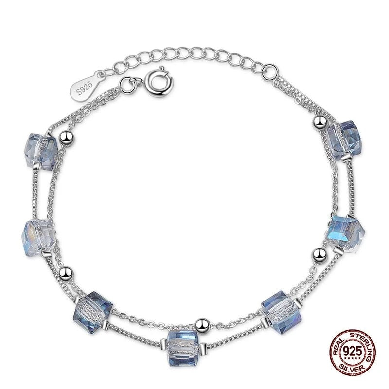 Square Blue Crystal 925 Sterling Silver Lady Bracelet