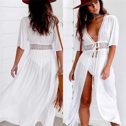 Short Sleeve V-Neck White Pareo Bikini Cover Ups