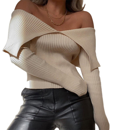 Long Sleeve T shirt Fashion Solid Color Wide Lapel Off-the-shoulder Exposed Navel Top