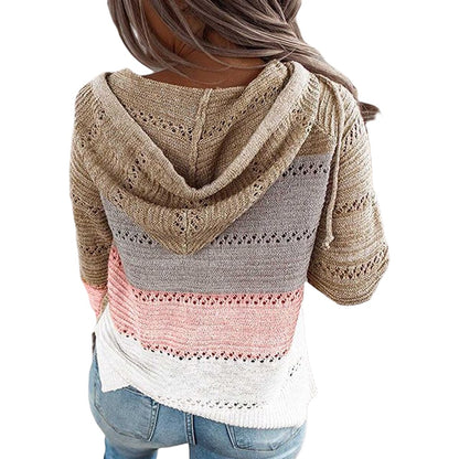 Hooded Long Sleeve Patchwork Cardigan Sweater