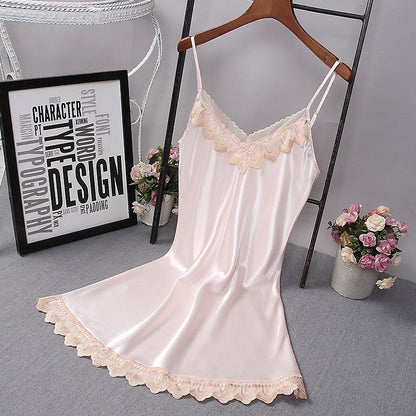 Deep V Lace Sleepwear Lingerie Silk Nightgown Sleeveless Nightdress Nightwear