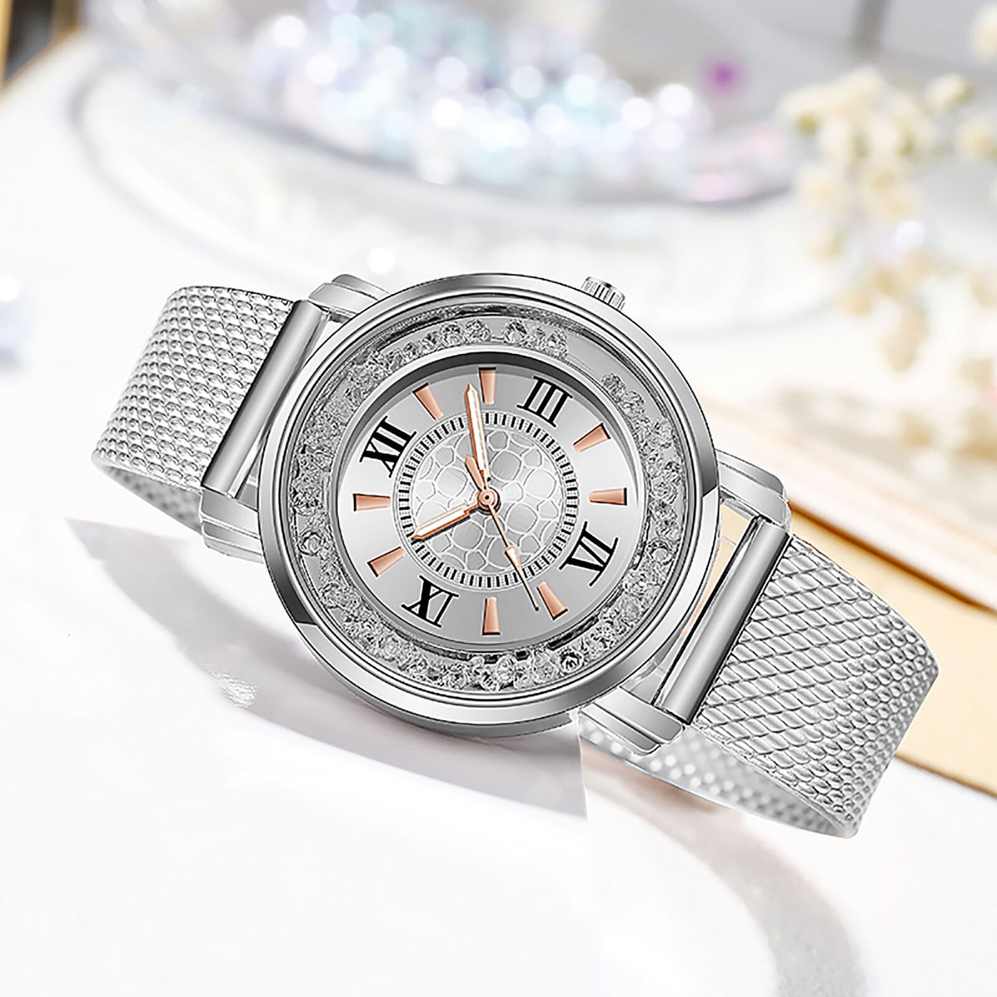 Diamond Ladies Wristwatches Stainless Steel Silver Mesh Strap