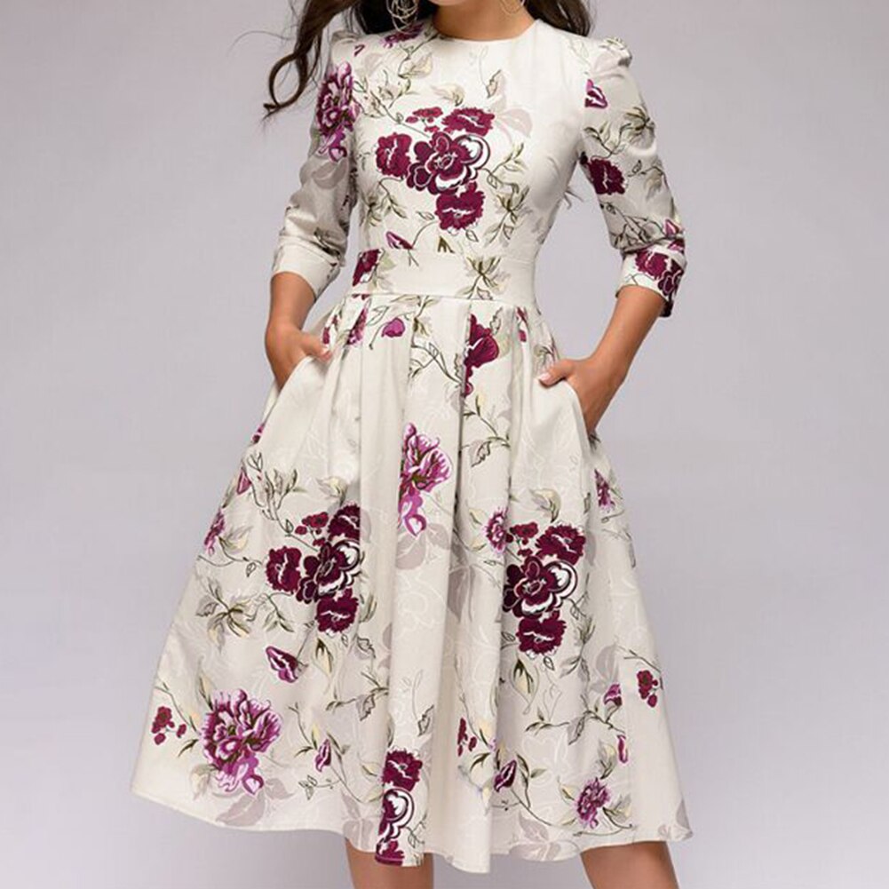 Fashion Women Dress Elegant Fashion Floral Print 3/4 Sleeve Round Neck A-line Slim Fit Ruched Prom Evening Party Dress Plus Size