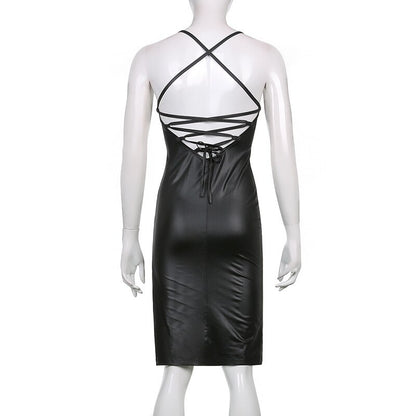 wsevypo Sexy Suspender Midi Bodycon Dress Party Club Women’s Black PU Leather Bandage Backless Split Dress Evening Vestidos