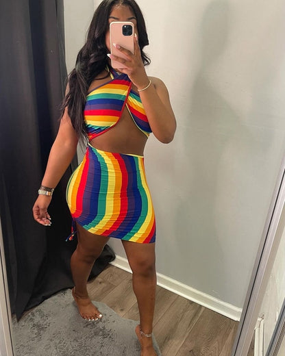 Sexy Rainbow Striped Tie Dye Halter Bodycon Dress Backless Women&#39;s Boobs Wrap Pencil Mini Dresses Party Night Clubwear Summer