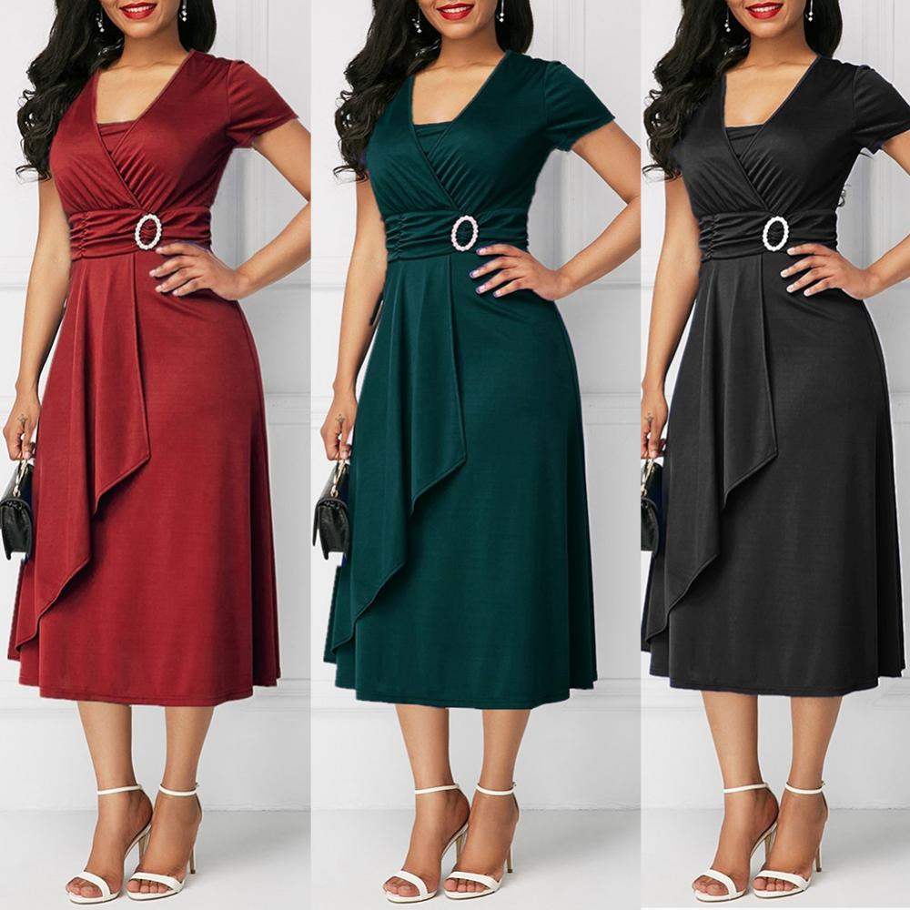 Plus Size Women Short Sleeve V Neck Asymmetric Hem Waist Tight Midi Party Dress