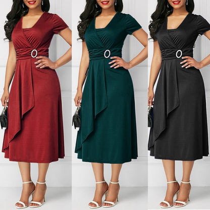 Plus Size Women Short Sleeve V Neck Asymmetric Hem Waist Tight Midi Party Dress