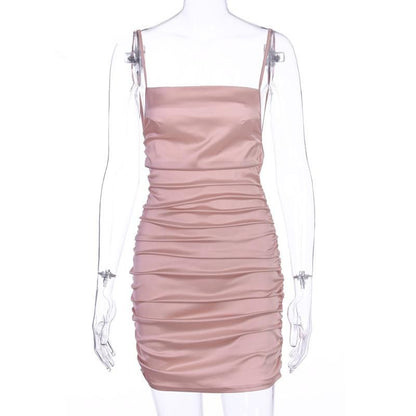 Ruched satin women mini dress strap backless