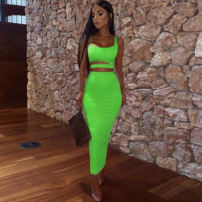 Kliou women solid color strapless hollow out crop top high waist elastic skinny long skirts two pieces set female fashion outfit