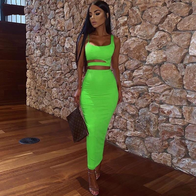 Kliou women solid color strapless hollow out crop top high waist elastic skinny long skirts two pieces set female fashion outfit