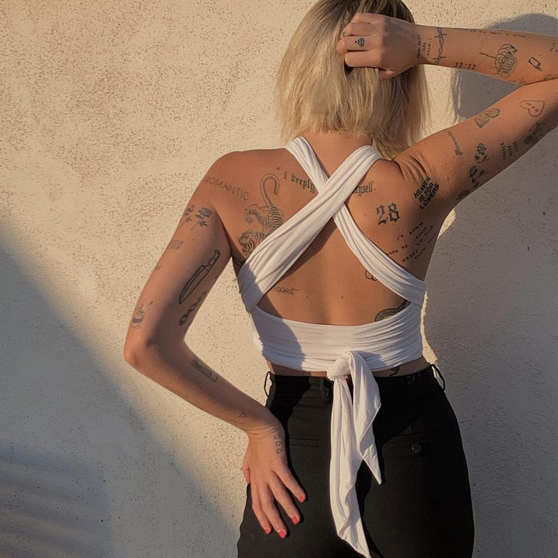 Women Strappy Cross Over Front Cut Out Halter Neck Sleeveless Backless Wrap Crop Top Bandage Vest Summer Sexy Tops Woman Clothes