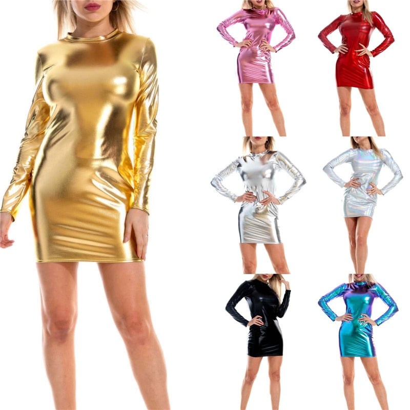 PU Leather Bodycon Mini Dress Women Shiny Metallic Long Sleeve Round Neck Club Dresses Fashion Party Vestidos