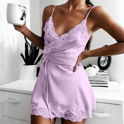 Lace Silk Satin Night Dress Sleeveless Nighties V-neck Nightgown