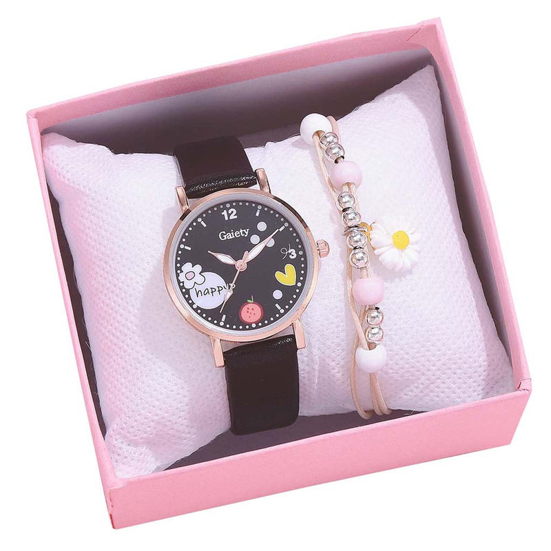 Macaron Leather Belt Watch Daisy Bracelet Set Contain Box
