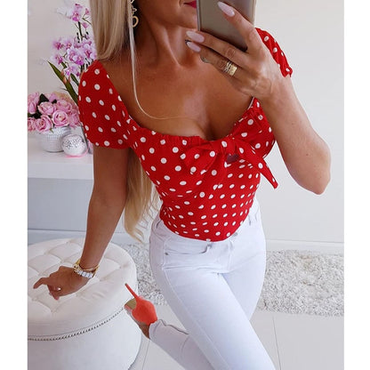 Polka Dot Print Short Sleeve Sexy Lady O-Neck Bow Blouse