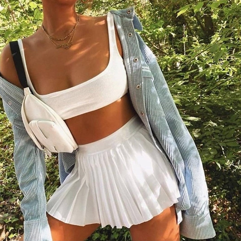 A-line fresh high waist miniskirt With leggings solid color Ruffle casual skirt Campus style skirt summer clothes vintage bag