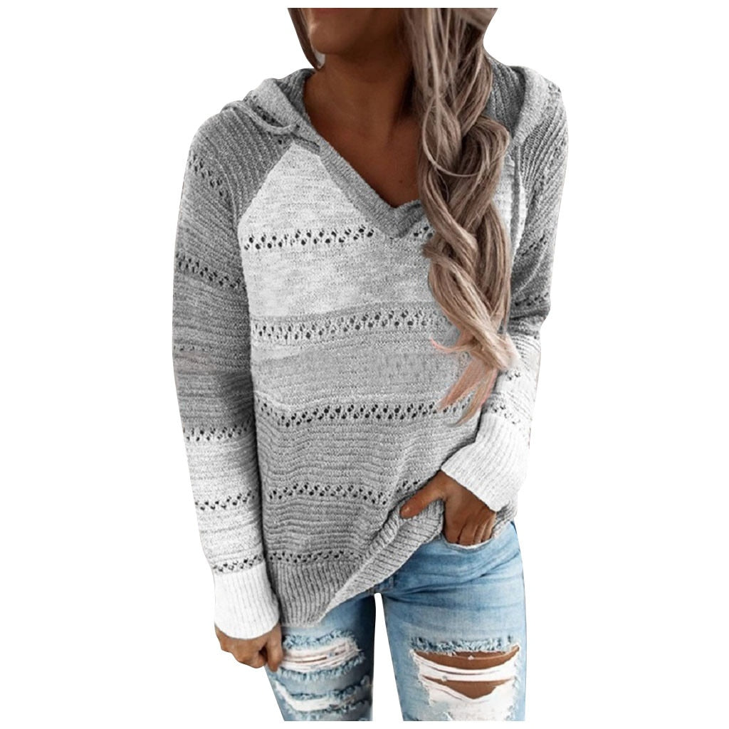 V-Neck Long Sleeves Hooded Sweater Blouse