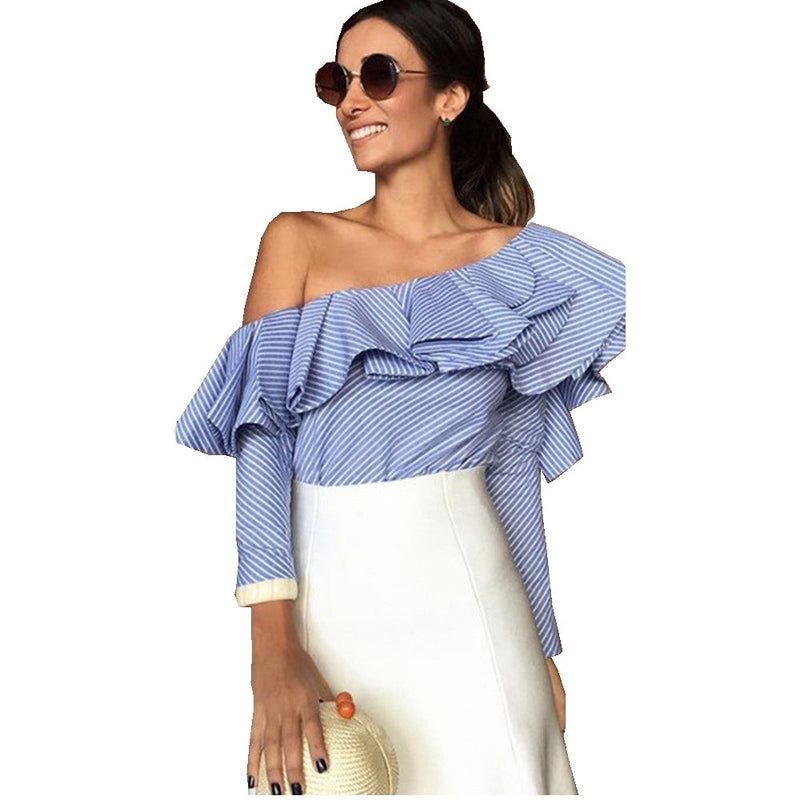 2020 Fashion Women Ladies Blue Striped Blouse Holiday Ruffles Frill One Shoulder Shirts Ladies Streetwear Casual Tops