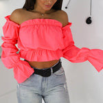 2021 Candy Color Off Shoulder Crop Tops women Summer dot print lantern sleeve shirts Lady Sexy Slash neck beach blouse