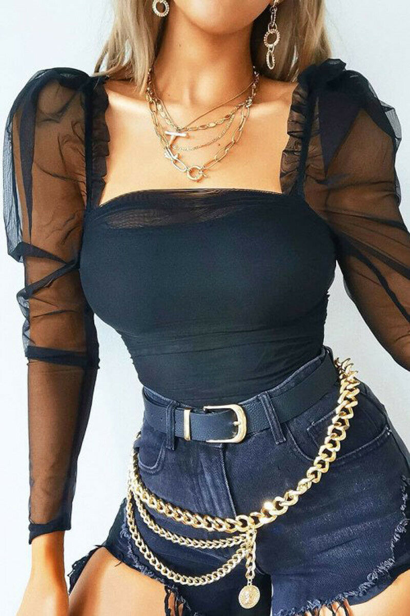 Long Sleeve Ruched Square Neck Strap See through Tops Blouse