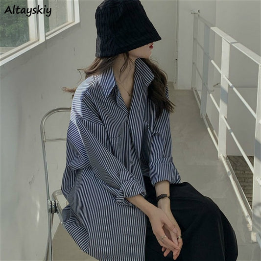 Blouses Women Classic Blue Striped Simple Korean Leisure Sun Protection Elegant Office Ladies Shirt Summer Fashion Womens Blusas