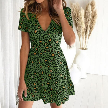 Women Mini Leopard Dress Summer Print Ruffles Short Sleeve V Neck Evening Party Sweet Beach Dress 2021 Summer Style