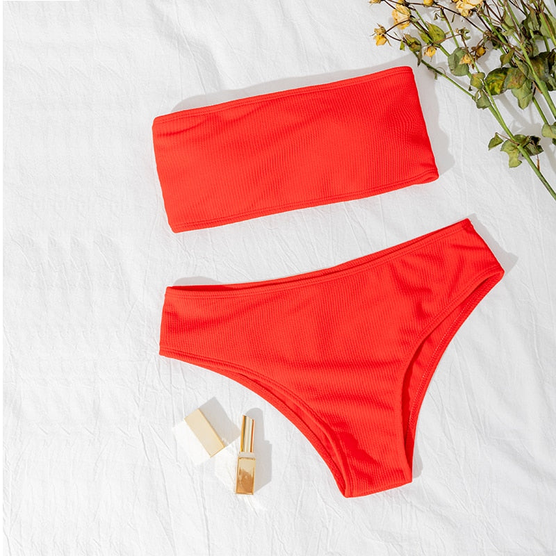 High Waist Strapless Sexy Bikini Swimwear Women Swimsuit Padded Bathing Suit Pure Color