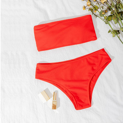 High Waist Strapless Sexy Bikini Swimwear Women Swimsuit Padded Bathing Suit Pure Color