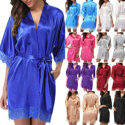 Satin Lace Sexy Sleepwear Lingerie Night Mini Solid Dress V Neck Nightgown Gown