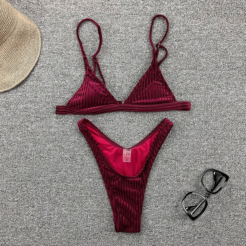 Sexy velvet ribbed swimsuit women Triangle micro bikini set High cut swimming Bathing suit Beachwear