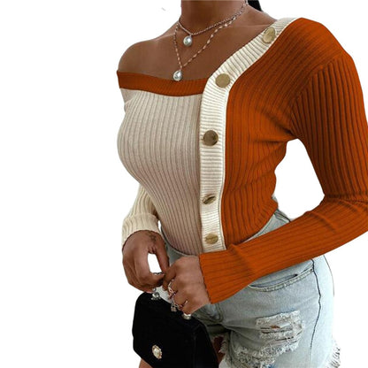 Fashion Button Off Shoulder Knitted Sweater Women