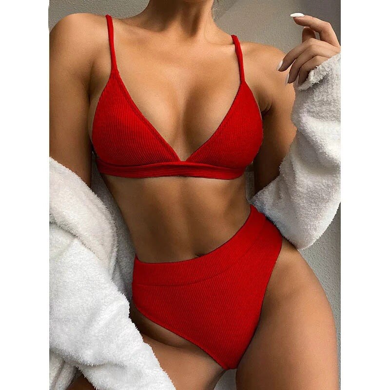 High Waist Bikinis Swimsuits Push Up Swimwear Women Strap Bathing Suit Women Solid Bikini Set