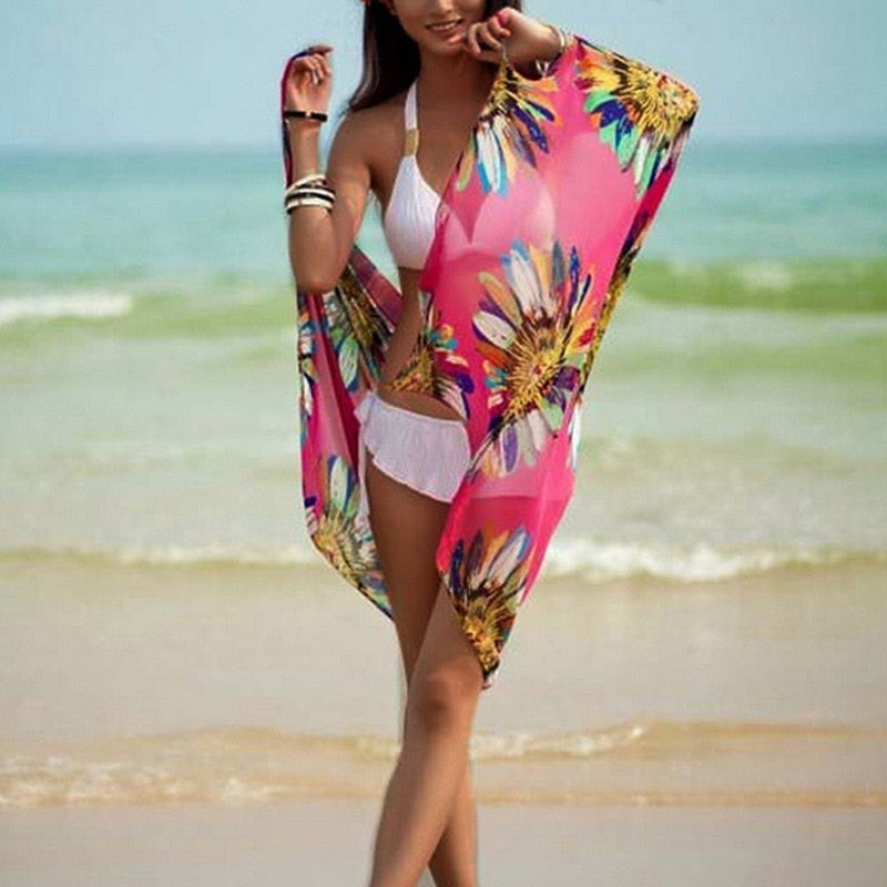 CYSINCOS Bohemian Women Summer Beach Dress Bikini Cover-ups Swim Wear Cover Up Cotton Tunic Sexy Deep V-Neck Robe Caftan Summer