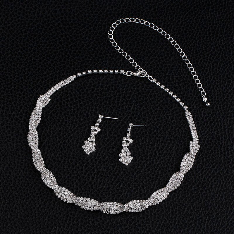 TREAZY Silver Color Wedding Jewelry Set Sparkly Rhinestone Crystal Twisty Choker Necklace Earrings Set Charm Bridal Jewelry Set