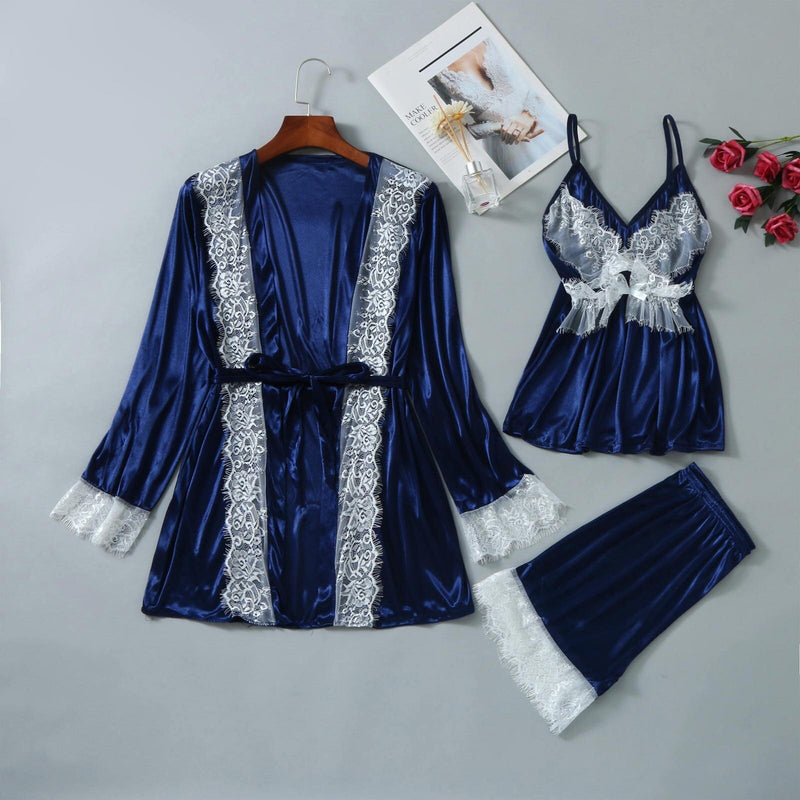 3 Pieces Women Pajamas Sets Faux Silk Pajamas Sleepwear Sets Embroidery Lace Bath Gown Wedding Night Dress Robe With Belt #T2G