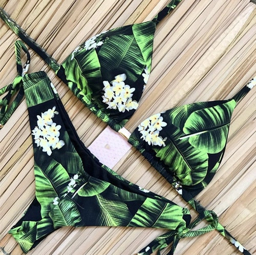 Sexy Floral Print Bikinis Striped Patchwork Swimsuit Women Bandage Bikini Set