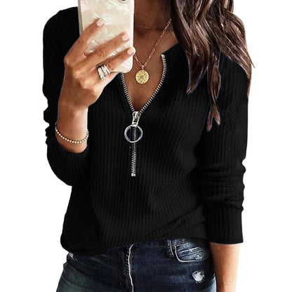 Solid V Neck Zipper Blouses