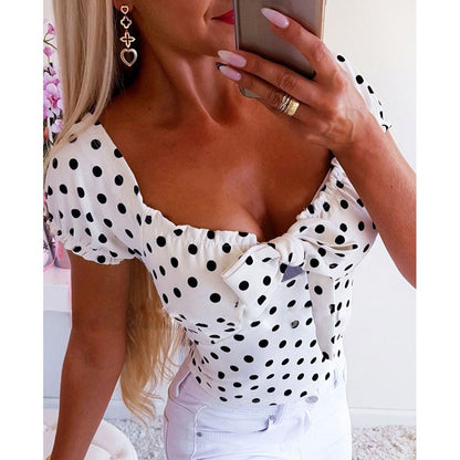 Polka Dot Print Short Sleeve Sexy Lady O-Neck Bow Blouse