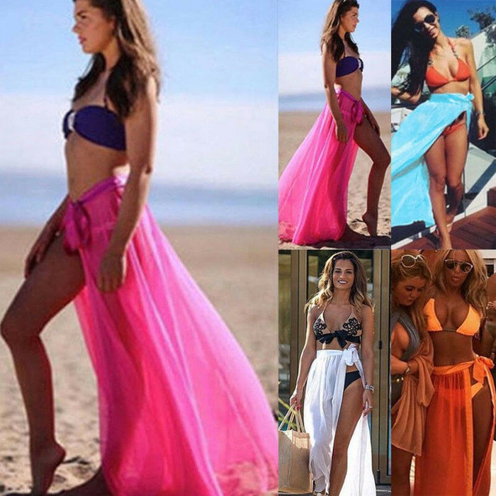 Beach Bikini Cover Ups Wrap Mesh Skirt Women Solid Lace Up Split Maxi Skirts Bathing Suit