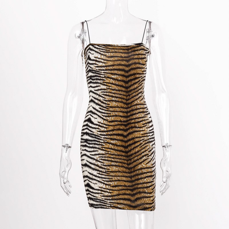 Leopard tiger print bodycon sexy strap mini party dress