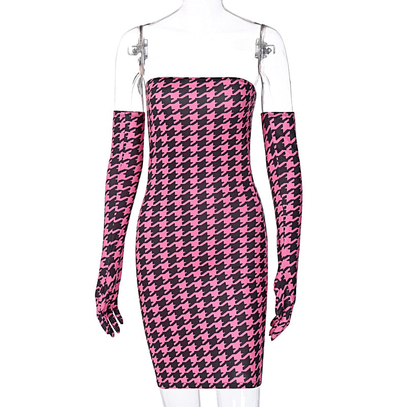 Houndstooth Print Women Tube Mini Dress Sleeve Gloves Bodycon